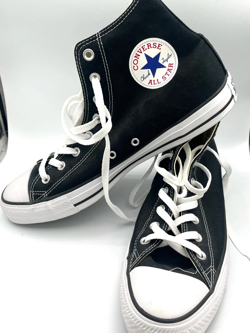 Converse All Star High Top Sneakers - Black & White with Blue Star Chuck Taylor - Picture 3 of 8